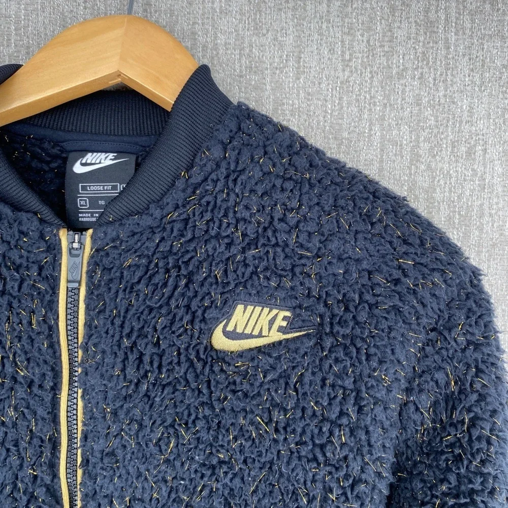 Nike Sportswear Sherpa Fleece Bomber Jacket XL Black Gold Sparkle Full Zip